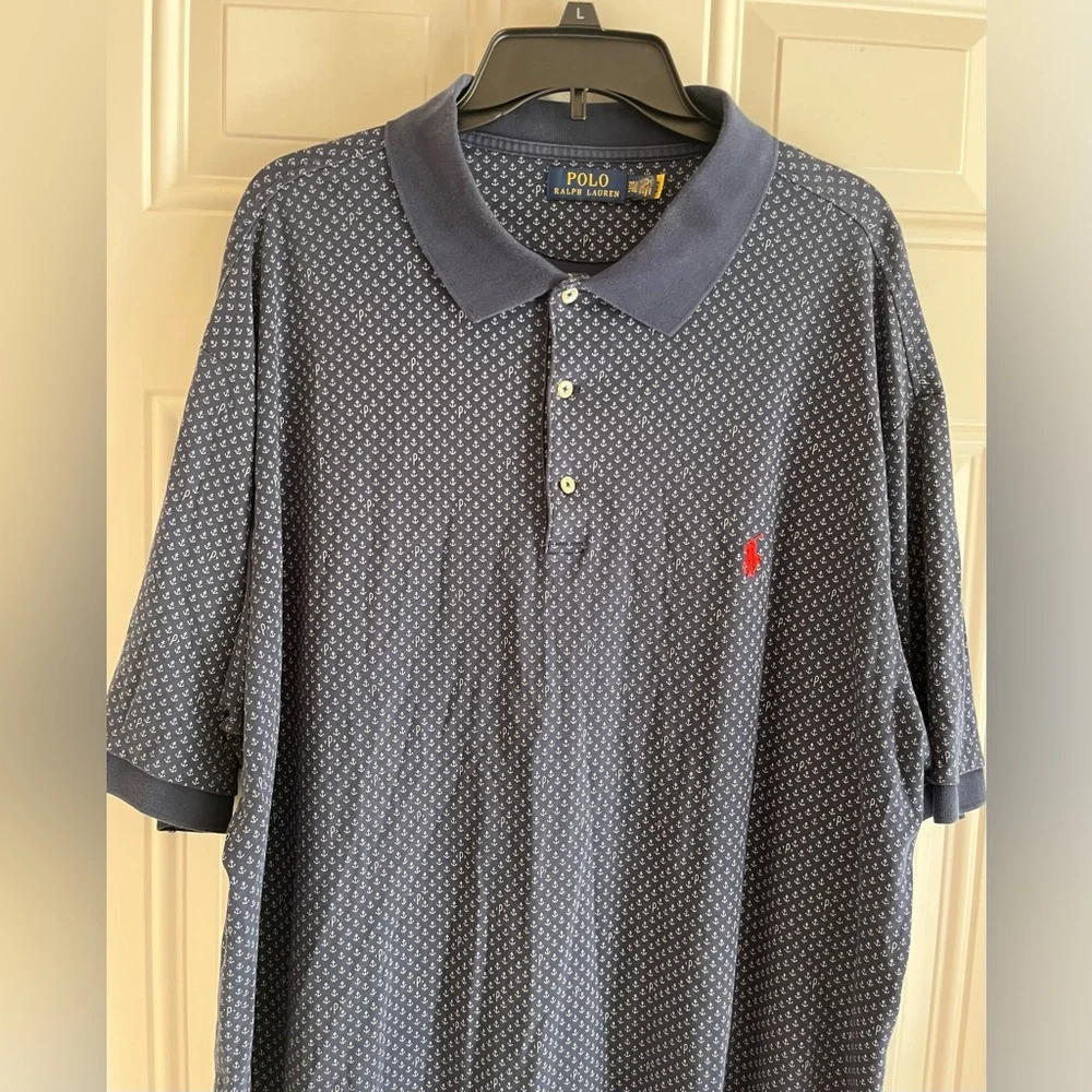 Polo Ralph Lauren Shirt Men Polo 2XLT Blue Anchor Allover Print Nautical Preppy‎